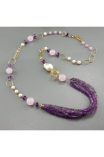 Collana, ametista lavanda taglio macchina, giada lavanda, perle di fiume