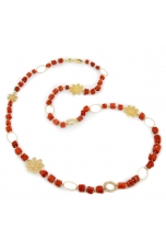 Collana, corallo rosso, fiori filigrana