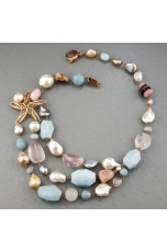 Collier acquamarina, opale e quarzo rosa, perle di fiume