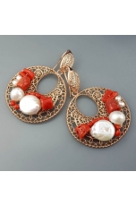 Orecchini corallo rosso, perle di fiume
