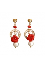 Orecchini corallo rosso, perle di fiume
