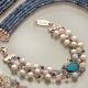bracciale a tre fili, acquamarina multicolor, agata blu zaffiro, perle coltivate