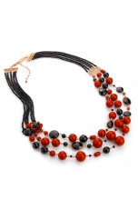 Collier a 3 fili, agata nera, corallo bamboo red