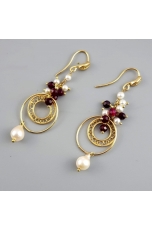 Orecchini, Agata ruby, perle coltivate, disco filigrana
