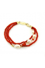 Bracciale  a tre fili corallo bamboo red, perle coltivate