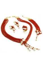 Parure corallo bamboo rosso, perle coltivate
