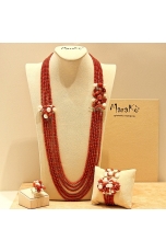Parure corallo bamboo rosso, perle coltivate
