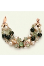 Bracciale quarzo rutilato verde,ossidiana, perle coltivate