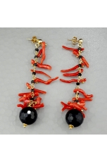 Orecchini,  agata nera,  spinello nero,  Corallo rosso,