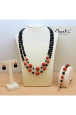Collier a due fili agata nera satinata, Corallo bamboo red