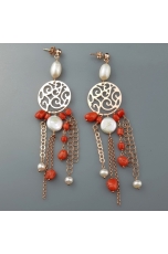 Orecchini, corallo rosso,  perle coltivate