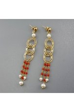 Orecchini corallo bamboo rosso, perle coltivate
