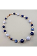 Collier calcedonio, agata blu  zaffiro, perle coltivate