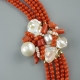 Collier bamboo, corallo rosso, perle coltivate, pz unico