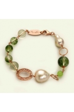 Bracciale Quarzo verde muschiato, perle coltivate