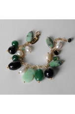 Bracciale  charms, crisoprasio, agata verde smeraldo, agata nera, perle di fiume