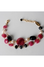 Bracciale a 2 fili, giada rosa,  agata nera