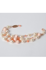 Bracciale a 3 fili, Conchiglia, Corallo rosa, perle di fiume