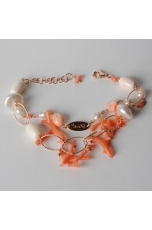 Bracciale a due fili, corallo rosa, conchiglia, perle di fiume