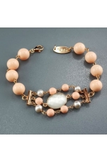 Bracciale corallo bamboo rosa, perle grigie